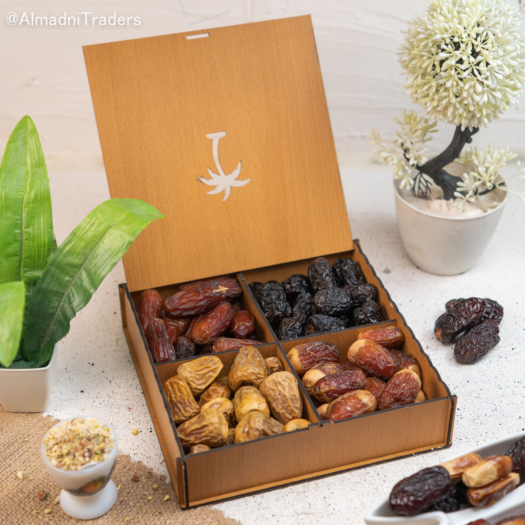 Al Fawah Gift basket with variety of  Arabian dates in it, showcasing its freshness &  beautifull texture.