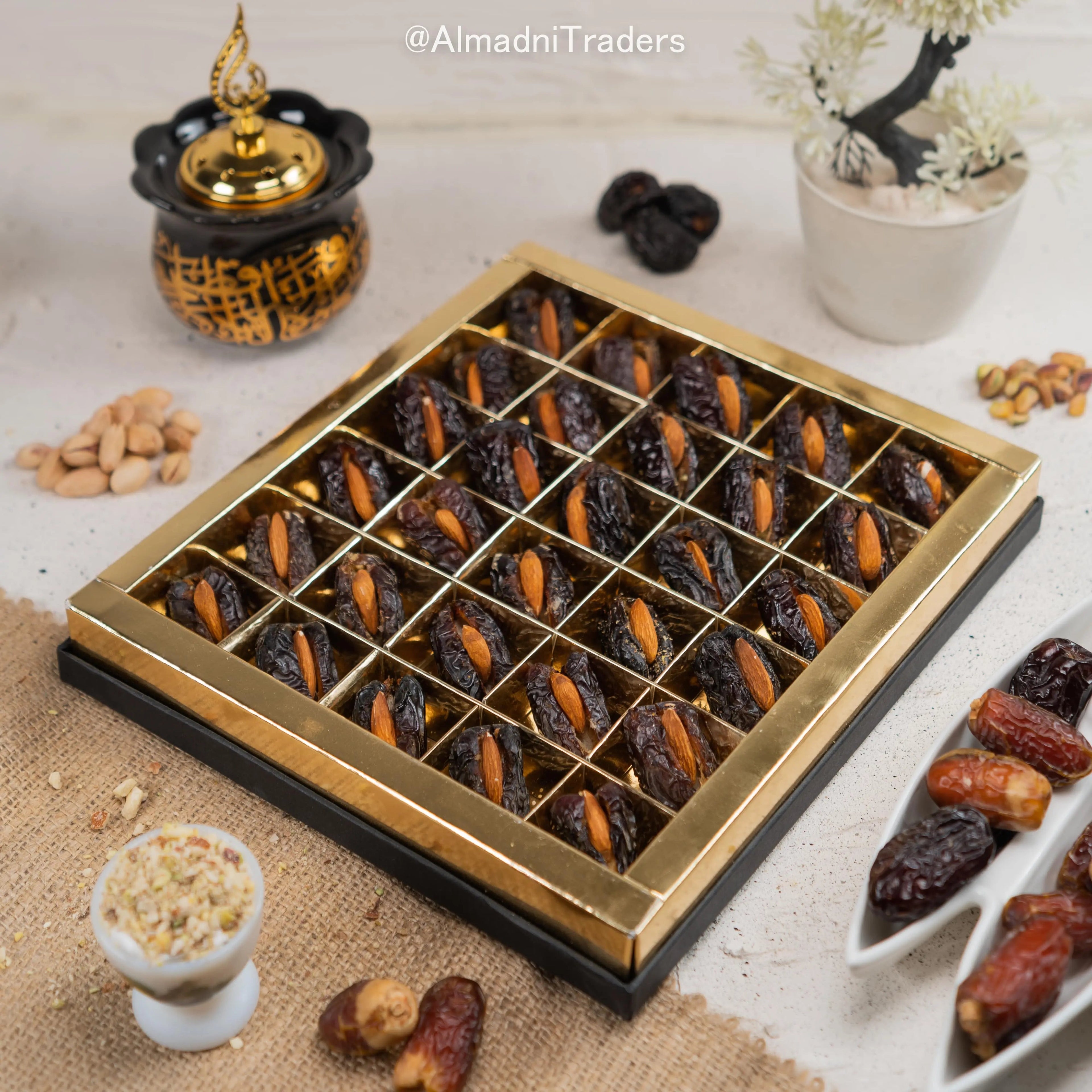 Almond with Dates Gift Basket featuring premium almonds and a selection of mixed dates by Al Madni Trader.