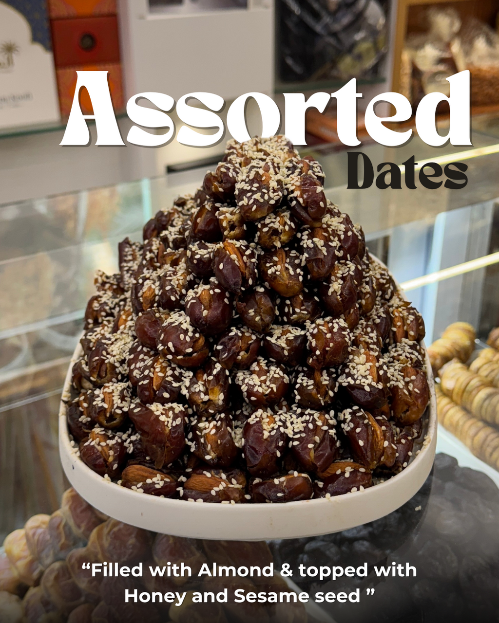Brown Assorted Dates (Almond) displayed on a tray to see the freshness and texture of it.
