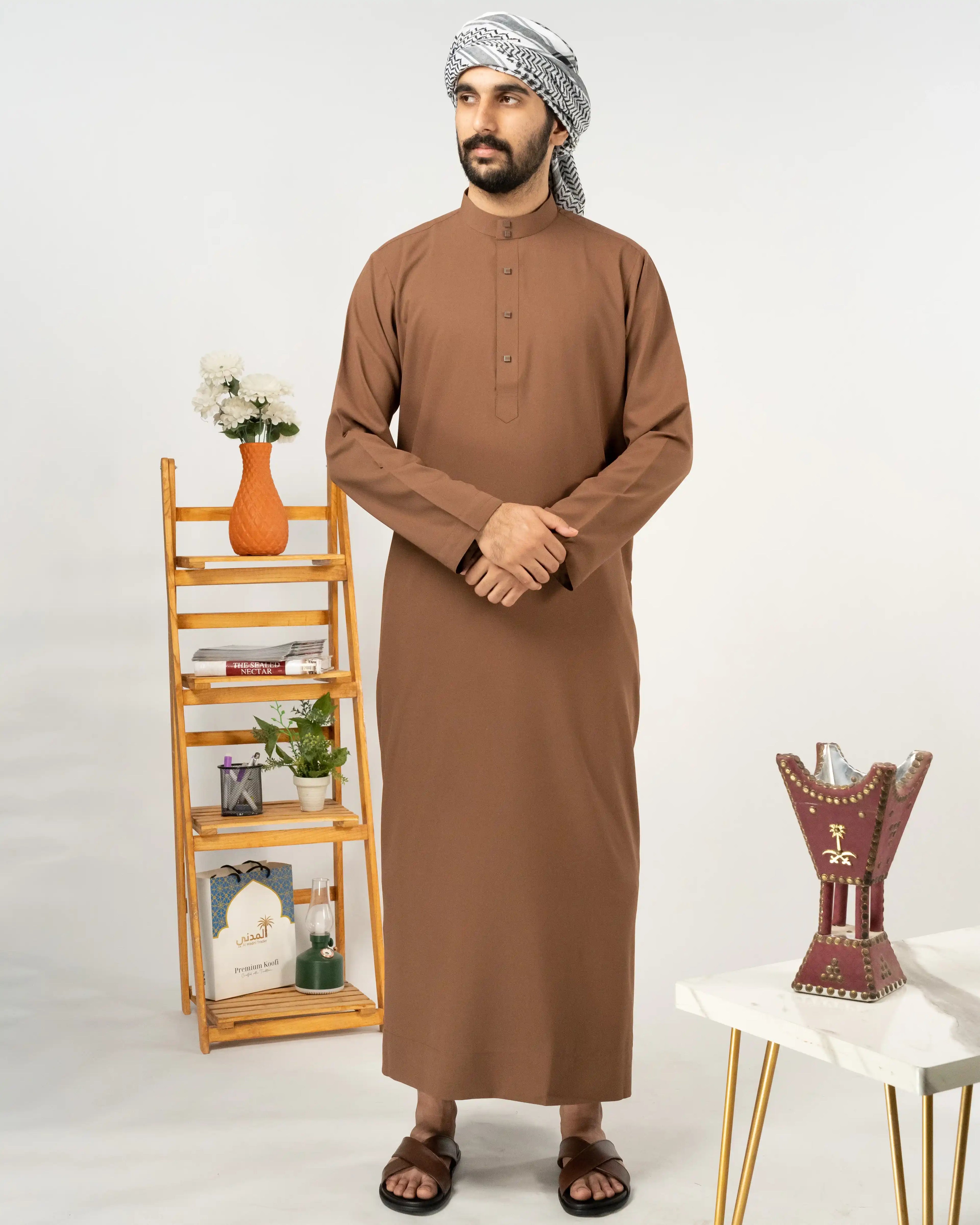 Saudi Brown Thobe Collared