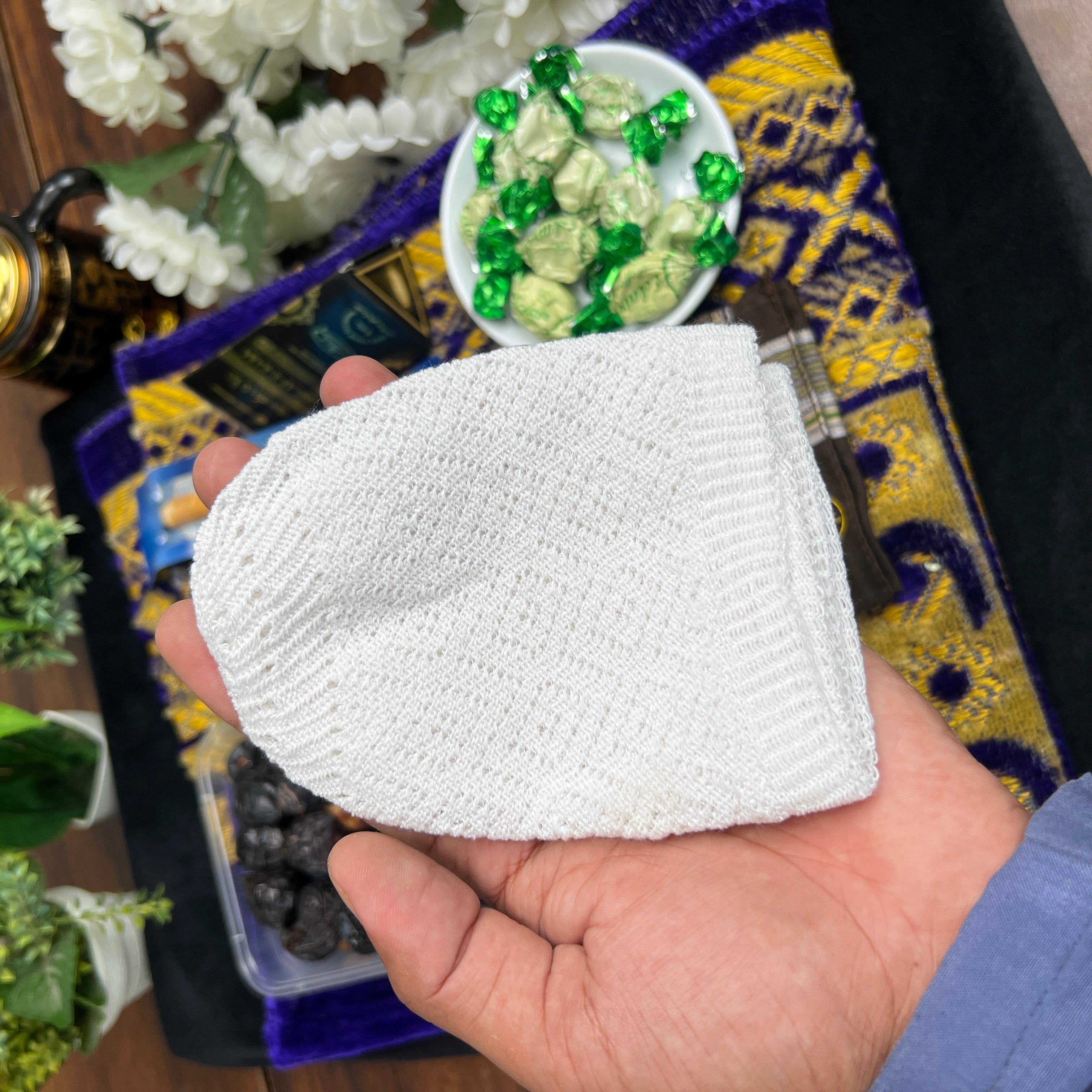 Gift package including Namaz Cap, Jay-e-Namaz, and Miswaak.