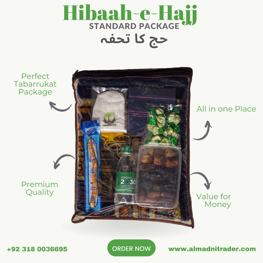 Exclusive Hajj Tabarruqaat gift box with prayer items.
