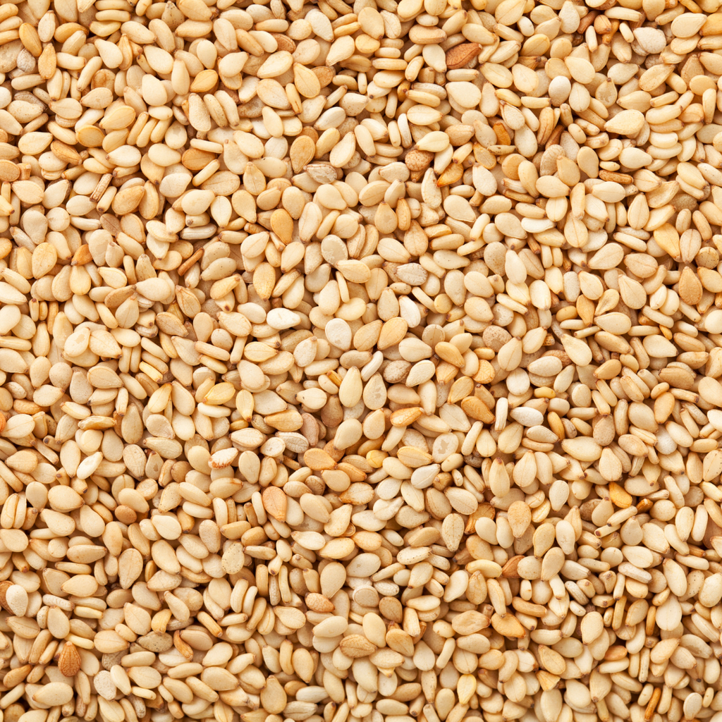 Close-up of golden sesame seeds showcasing their natural texture.